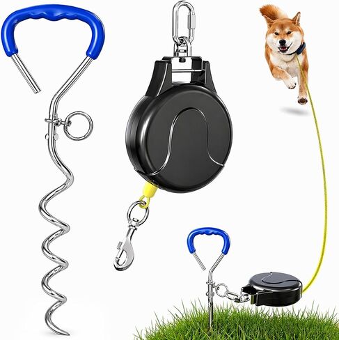 30FT Retractable Dog Tie Out Cable with Heavy Duty Ground Anchor, Tangle-Free Swivel Dog Runner System, Durable Steel Cable Outdoor Leash for Yard, Camping, Park & Travel in Kuwait