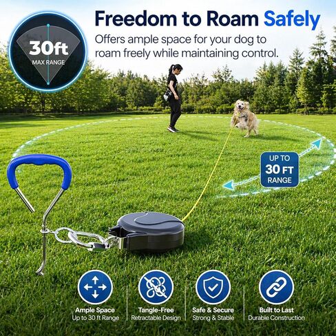 30FT Retractable Dog Tie Out Cable with Heavy Duty Ground Anchor, Tangle-Free Swivel Dog Runner System, Durable Steel Cable Outdoor Leash for Yard, Camping, Park & Travel in Kuwait