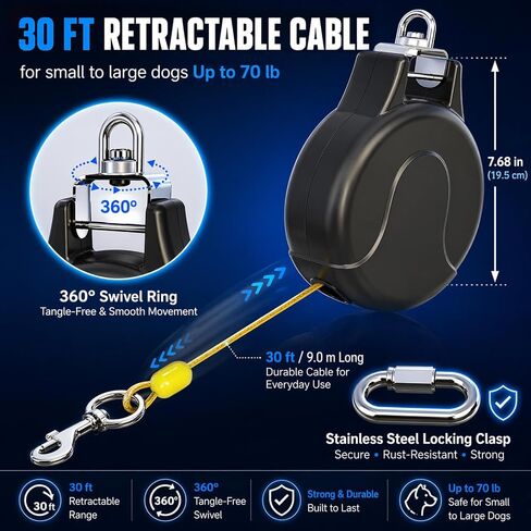 30FT Retractable Dog Tie Out Cable with Heavy Duty Ground Anchor, Tangle-Free Swivel Dog Runner System, Durable Steel Cable Outdoor Leash for Yard, Camping, Park & Travel in Kuwait
