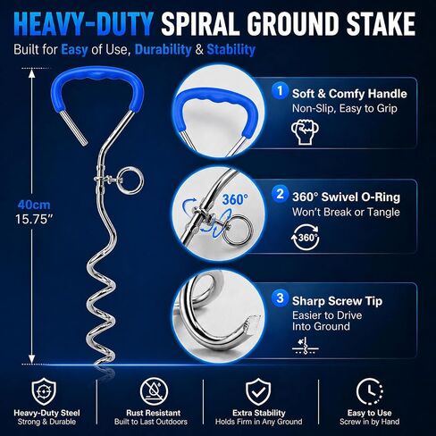 30FT Retractable Dog Tie Out Cable with Heavy Duty Ground Anchor, Tangle-Free Swivel Dog Runner System, Durable Steel Cable Outdoor Leash for Yard, Camping, Park & Travel in Kuwait