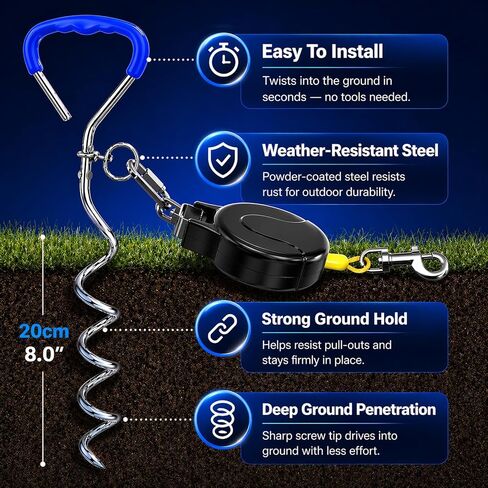 30FT Retractable Dog Tie Out Cable with Heavy Duty Ground Anchor, Tangle-Free Swivel Dog Runner System, Durable Steel Cable Outdoor Leash for Yard, Camping, Park & Travel in Kuwait
