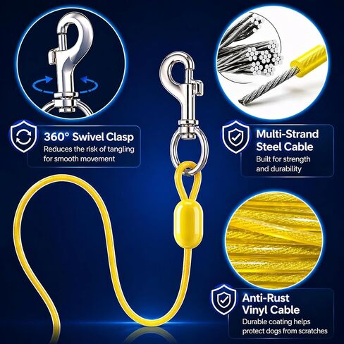 30FT Retractable Dog Tie Out Cable with Heavy Duty Ground Anchor, Tangle-Free Swivel Dog Runner System, Durable Steel Cable Outdoor Leash for Yard, Camping, Park & Travel in Kuwait