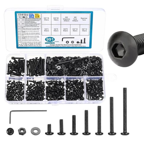 Metric Nuts and Bolts Assortment Kit, 750 Pcs M3 Button Head Hex Socket Cap Screws Bolts and Hex Nuts and Flat Washer Set, Black Allen Hex Drive, Fully Threaded, 10.9 Grade Alloy Steel in Kuwait