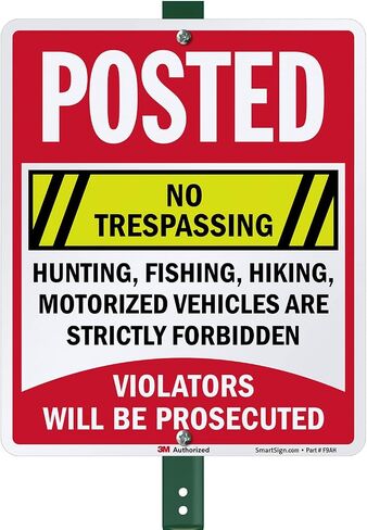 SmartSign 12" x 10" 'Posted - No Trespassing, Hunting, Motorized Vehicles Forbidden' Yard Sign with 3 foot Stake, 40 mil Aluminum, 3M Laminated Engineer Grade Reflective, Set of 1, USA-Made in Kuwait