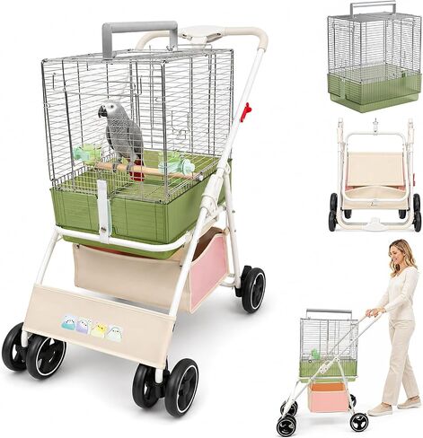 Bird Travel Cage Stroller, Foldable Parrot Carrier with Detachable Professional Bird Cage and Bottom Storage Basket for Budgies, Cockatiels, Conures, African Greys and Small Pets (Green) in Kuwait