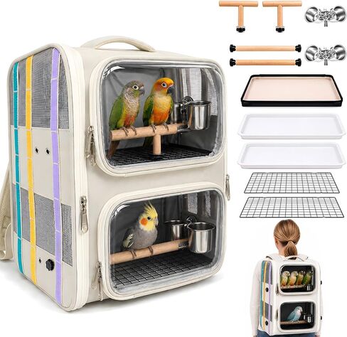 Dual-Level Bird Backpack, Portable Parrot Travel Cage with Removable Divider for 2-4 Small to Medium Birds or 1 Larger Bird,Parrot Bag Carrier with Perch Rods, Feeding Bowls and Trays (Beige) in Kuwait