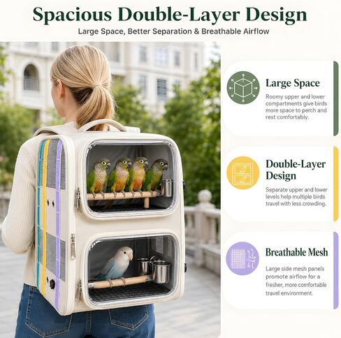 Dual-Level Bird Backpack, Portable Parrot Travel Cage with Removable Divider for 2-4 Small to Medium Birds or 1 Larger Bird,Parrot Bag Carrier with Perch Rods, Feeding Bowls and Trays (Beige) in Kuwait