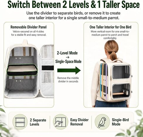 Dual-Level Bird Backpack, Portable Parrot Travel Cage with Removable Divider for 2-4 Small to Medium Birds or 1 Larger Bird,Parrot Bag Carrier with Perch Rods, Feeding Bowls and Trays (Beige) in Kuwait