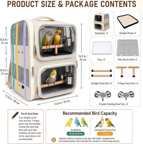 Dual-Level Bird Backpack, Portable Parrot Travel Cage with Removable Divider for 2-4 Small to Medium Birds or 1 Larger Bird,Parrot Bag Carrier with Perch Rods, Feeding Bowls and Trays (Beige) in Kuwait