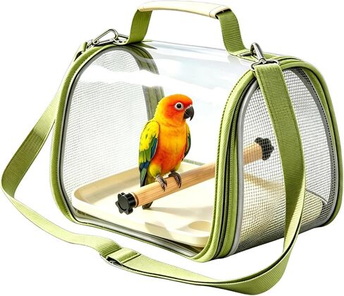 White Portable Transparent Bird Shoulder Bag, Breathable Mesh Hands Free Parrot Travel Cage Lightweight Small Pet Carrier with Removable Tray and Perch for Vet Visits, Shopping, Hiking in Kuwait