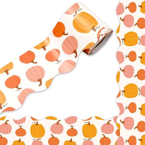 JarThenaAMCS Fall Thanksgiving Bulletin Board Border Orange Pink Pumpkin Die Cut Trim Border Roll for Autumn Thanksgiving Harvest Classroom Chalkboard Window Wall Decor in Kuwait