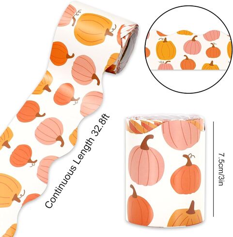 JarThenaAMCS Fall Thanksgiving Bulletin Board Border Orange Pink Pumpkin Die Cut Trim Border Roll for Autumn Thanksgiving Harvest Classroom Chalkboard Window Wall Decor in Kuwait