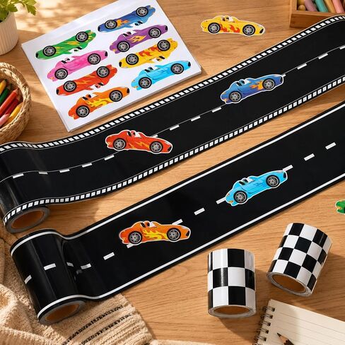 4 Rolls Racing Car Theme Bulletin Board Border Set Race Track Trim 200 Race Car Stickers Race Party Black and White Checkered Bulletin Trim Decorations for Classroom Wall Door Chalkboard Decor in Kuwait
