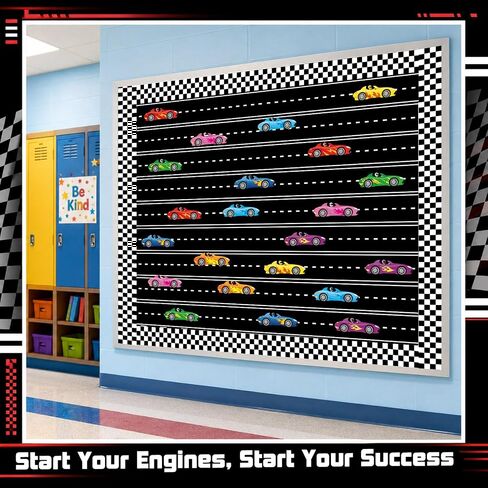4 Rolls Racing Car Theme Bulletin Board Border Set Race Track Trim 200 Race Car Stickers Race Party Black and White Checkered Bulletin Trim Decorations for Classroom Wall Door Chalkboard Decor in Kuwait