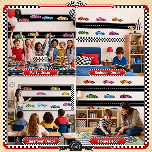 4 Rolls Racing Car Theme Bulletin Board Border Set Race Track Trim 200 Race Car Stickers Race Party Black and White Checkered Bulletin Trim Decorations for Classroom Wall Door Chalkboard Decor in Kuwait