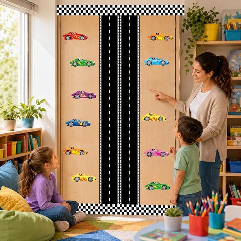 4 Rolls Racing Car Theme Bulletin Board Border Set Race Track Trim 200 Race Car Stickers Race Party Black and White Checkered Bulletin Trim Decorations for Classroom Wall Door Chalkboard Decor in Kuwait