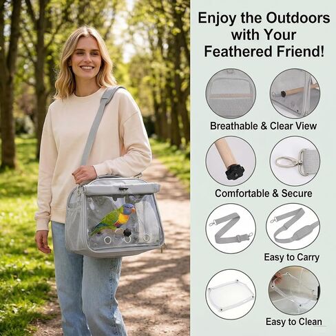 Small Bird Carrier Travel Cage, Portable Bird Cages Bag with Standing Perches for Parrots, Breathable Birds Backpack with Transparent Window for Parakeet Cockatiel Budgies, Grey in Kuwait