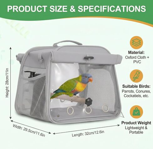 Small Bird Carrier Travel Cage, Portable Bird Cages Bag with Standing Perches for Parrots, Breathable Birds Backpack with Transparent Window for Parakeet Cockatiel Budgies, Grey in Kuwait