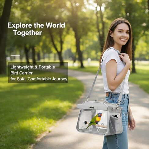 Small Bird Carrier Travel Cage, Portable Bird Cages Bag with Standing Perches for Parrots, Breathable Birds Backpack with Transparent Window for Parakeet Cockatiel Budgies, Grey in Kuwait