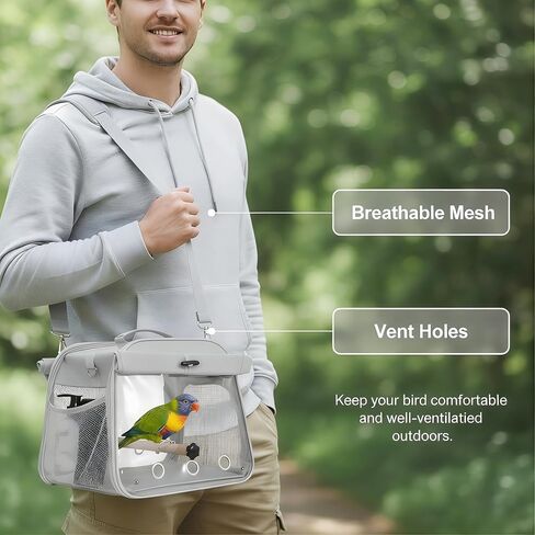 Small Bird Carrier Travel Cage, Portable Bird Cages Bag with Standing Perches for Parrots, Breathable Birds Backpack with Transparent Window for Parakeet Cockatiel Budgies, Grey in Kuwait