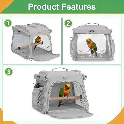Small Bird Carrier Travel Cage, Portable Bird Cages Bag with Standing Perches for Parrots, Breathable Birds Backpack with Transparent Window for Parakeet Cockatiel Budgies, Grey in Kuwait