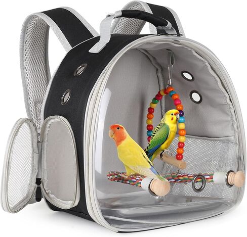 Portable Parrot Travel Cage Carrier with Small Swing Toy&Cage Colorful Toys Set Small Bird Parakeet Bag with Standing Perch Bird Carry Transport Bag (Black, Backpack/Swing) in Kuwait