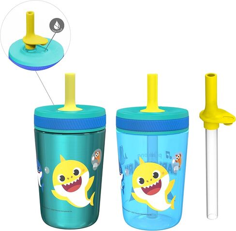 Zak Designs Baby Shark Kelso Tumbler Set, Leak-Proof Screw-On Lid with Straw, Bundle for Kids Includes Plastic and Stainless Steel Cups with Bonus Sipper (3pc Set, Non-BPA)15 fl oz. in Kuwait
