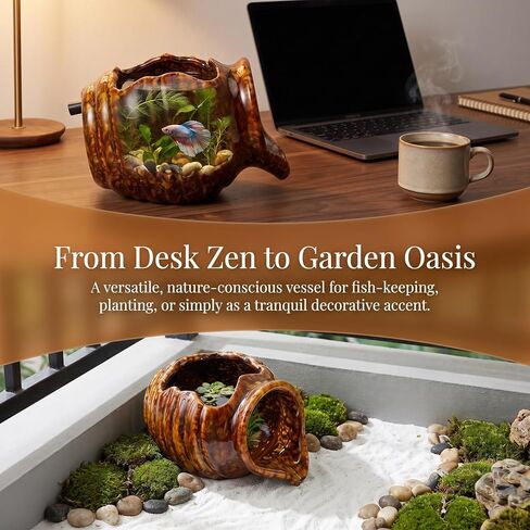 Ceramic Waterfall Jar Aquarium Ornament Relaxing Flow Open Design in Kuwait