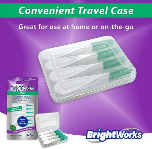 BrightWorks Mint Dental Picks, with Extra Soft Rubber Bristles, Clean Gently and Effectively Between Teeth, Travel Case Included, 3 Packs (64 Per Pack) in Kuwait