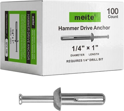 meite Hammer Drive Anchors 1/4" x 3" for Warehouse Racks & Heavy Pipe Supports, Industrial-Grade Concrete & Masonry Fasteners, Zinc-Plated Steel, Secure Hold (1 Case) in Kuwait