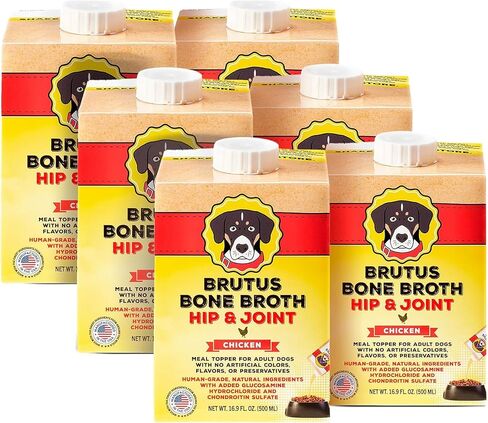 Brutus Beef Bone Broth for Dogs - All Natural Dog Bone Broth with LiquidChondroitin Glucosamine & Turmeric - Human Grade Dog Food Toppers for Picky Eaters - Tasty & Nutritious 16.9oz (Pack of 6) in Kuwait
