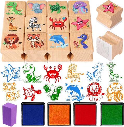 HOWAF 12Pcs Animal Wooden Rubber Stamps, Jungle & Sea Animal Stamps for Kids, Washable Ink Pad Stamp Set for Summer Camp Crafts, DIY Scrapbooking, Card Making, Preschool Art Activities in Saudi Arabia