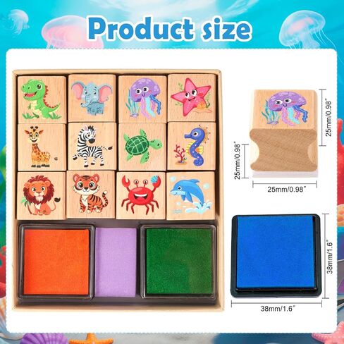 HOWAF 12Pcs Animal Wooden Rubber Stamps, Jungle & Sea Animal Stamps for Kids, Washable Ink Pad Stamp Set for Summer Camp Crafts, DIY Scrapbooking, Card Making, Preschool Art Activities in Saudi Arabia
