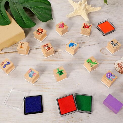 HOWAF 12Pcs Animal Wooden Rubber Stamps, Jungle & Sea Animal Stamps for Kids, Washable Ink Pad Stamp Set for Summer Camp Crafts, DIY Scrapbooking, Card Making, Preschool Art Activities in Saudi Arabia