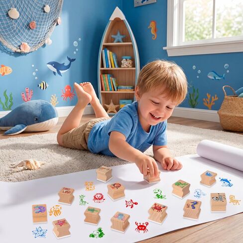 HOWAF 12Pcs Animal Wooden Rubber Stamps, Jungle & Sea Animal Stamps for Kids, Washable Ink Pad Stamp Set for Summer Camp Crafts, DIY Scrapbooking, Card Making, Preschool Art Activities in Saudi Arabia