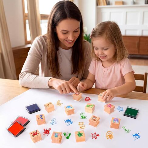 HOWAF 12Pcs Animal Wooden Rubber Stamps, Jungle & Sea Animal Stamps for Kids, Washable Ink Pad Stamp Set for Summer Camp Crafts, DIY Scrapbooking, Card Making, Preschool Art Activities in Saudi Arabia
