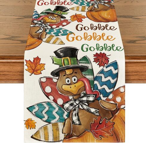 Artoid Mode Beige Gobble Turkey Pumpkin Thanksgiving Table Runner, Fall Autumn Harvest Kitchen Dining Table Decoration for Home Party Decor 13x36 Inch in Kuwait