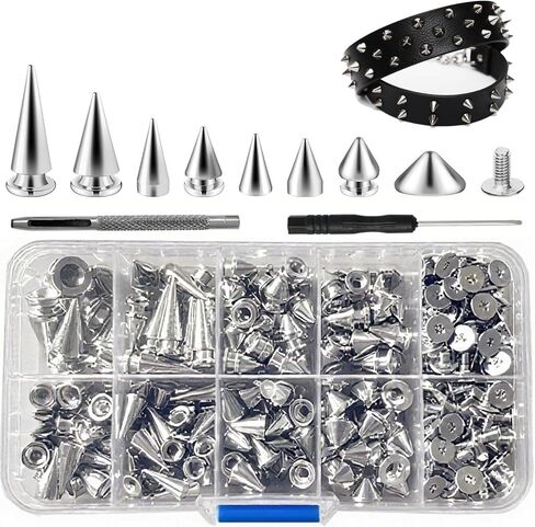 354 Pieces Punk Spikes and Studs Kit - 8 Sizes Cone Spikes, Metal Tree Spikes Studs for Leathercraft, Punk Clothing DIY Accessories (Silver) in Kuwait
