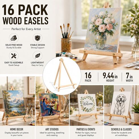 16 Pack 9 Inch Wooden Tripod Easel Stand, Foldable for Painting & Display in Kuwait