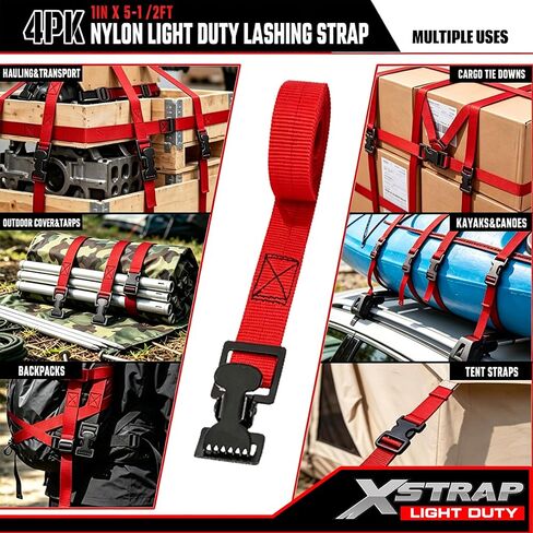 XSTRAP STANDARD 4pk 1" x 5-1/2ft JUST Clip All-Purpose Lashing Strap, Alligator Thumb Buckle Cargo Secure Utility Webbing, Red in Saudi Arabia