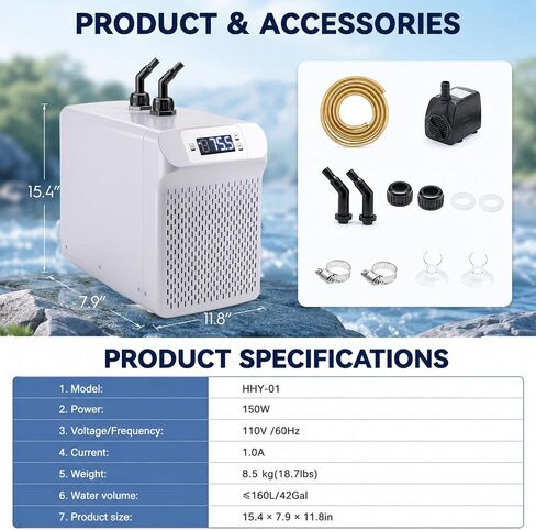Aquarium Chiller 42Gal 1/10 HP Water Chiller Quiet Compressor Refrigeration for Fish Tank Axolotl Coral Reef Hydroponics 42 gal in Kuwait