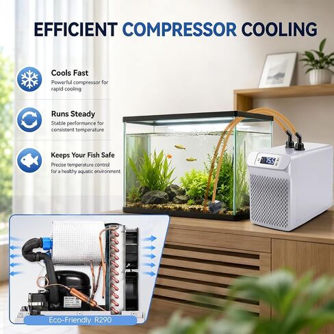 Aquarium Chiller 42Gal 1/10 HP Water Chiller Quiet Compressor Refrigeration for Fish Tank Axolotl Coral Reef Hydroponics 42 gal in Kuwait