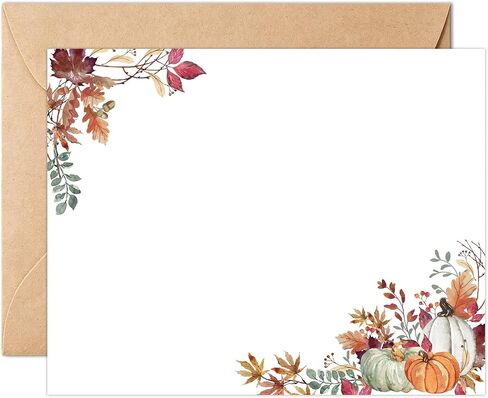 Whaline 24Pcs Fall Flat Blank Notes with Envelopes Boho Pumpkin Leaves Blank Index Card Non Folding Note Cards for Autumn Thanksgiving Wedding Birthday, 5.5 x 4.3 Inch in Kuwait