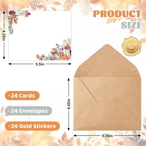 Whaline 24Pcs Fall Flat Blank Notes with Envelopes Boho Pumpkin Leaves Blank Index Card Non Folding Note Cards for Autumn Thanksgiving Wedding Birthday, 5.5 x 4.3 Inch in Kuwait