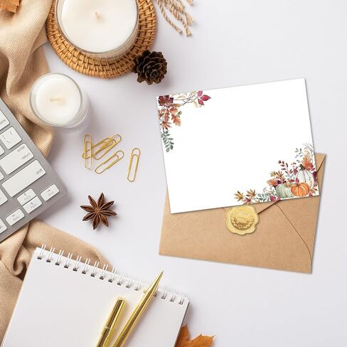 Whaline 24Pcs Fall Flat Blank Notes with Envelopes Boho Pumpkin Leaves Blank Index Card Non Folding Note Cards for Autumn Thanksgiving Wedding Birthday, 5.5 x 4.3 Inch in Kuwait
