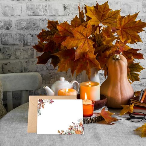 Whaline 24Pcs Fall Flat Blank Notes with Envelopes Boho Pumpkin Leaves Blank Index Card Non Folding Note Cards for Autumn Thanksgiving Wedding Birthday, 5.5 x 4.3 Inch in Kuwait