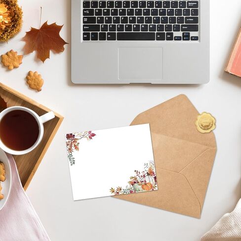 Whaline 24Pcs Fall Flat Blank Notes with Envelopes Boho Pumpkin Leaves Blank Index Card Non Folding Note Cards for Autumn Thanksgiving Wedding Birthday, 5.5 x 4.3 Inch in Kuwait
