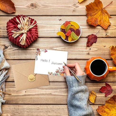 Whaline 24Pcs Fall Flat Blank Notes with Envelopes Boho Pumpkin Leaves Blank Index Card Non Folding Note Cards for Autumn Thanksgiving Wedding Birthday, 5.5 x 4.3 Inch in Kuwait