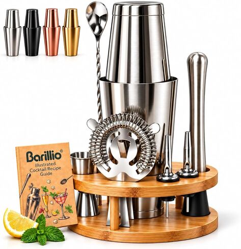 Elite Mixology Bartender Kit Cocktail Shaker Set by Barillio: Drink Mixer Set with Bar Tools, Bamboo Stand Boston Shaker Mojito Muddler Mixing Spoon Jigger Recipes Booklet in Saudi Arabia