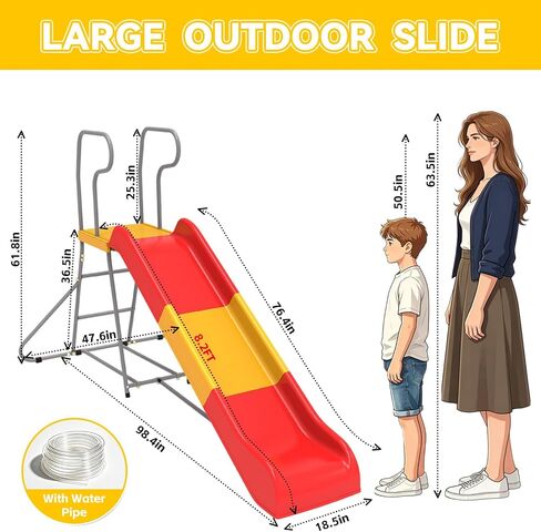 Mersco 8.2Ft Water Slide for Kids, Outdoor & Indoor Freestanding Slide with Water Pipe & Stairs, Heavy Duty Playground Equipment - Playground Slide for Pool Side & Garden, Lawn, Ages 3-10 in Kuwait